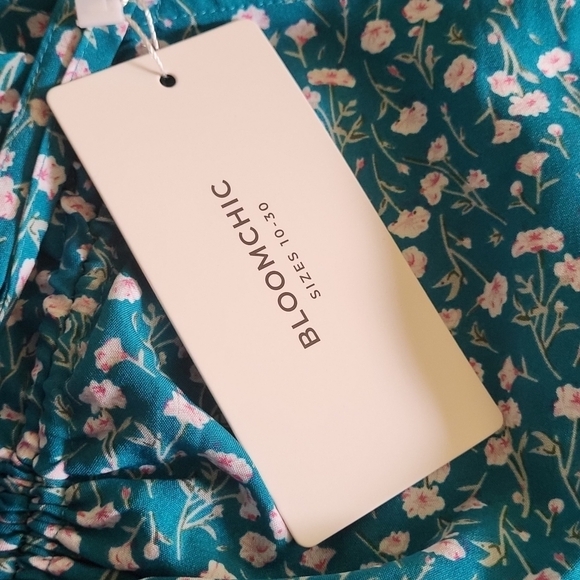 Ditsy Floral Drawstring Ruched Pocket Ruffle Tiered Teal Dress - Picture 8 of 10